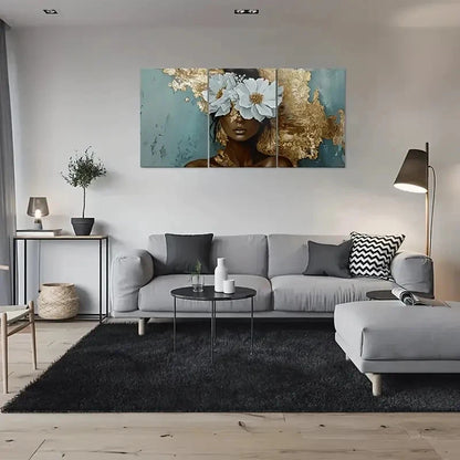 3pcs Modern Golden & Teal Floral Design Metal Print Ready to Hang Art