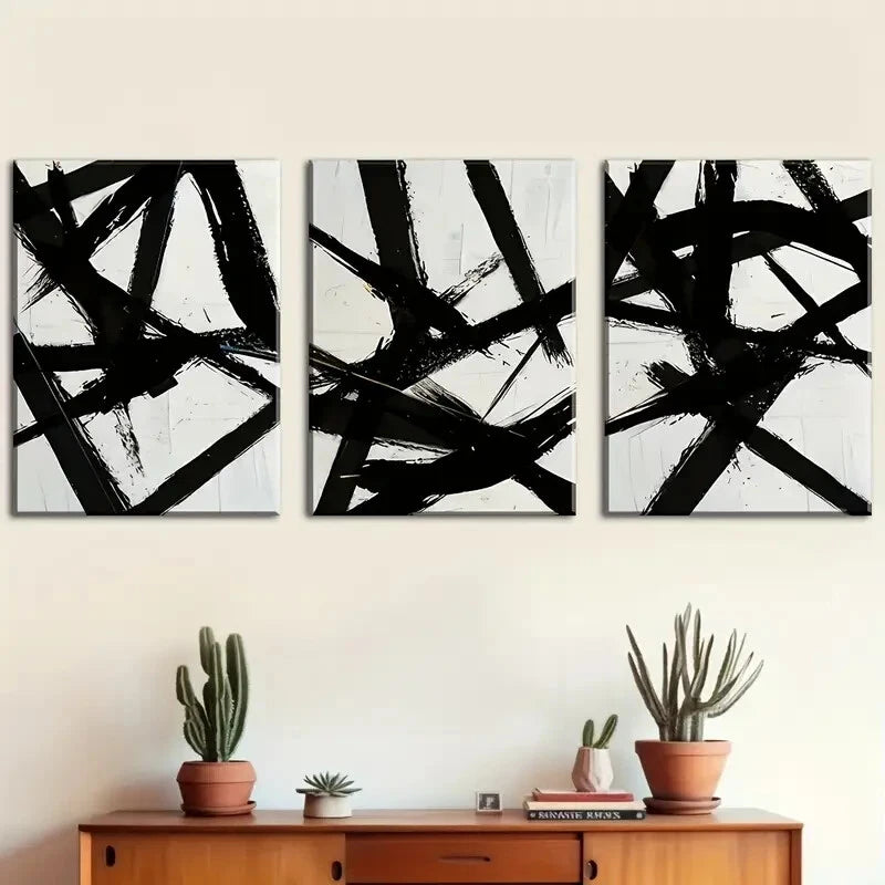 3pcs Black Intersecting Lines Modern Perfect Wall Art Set Canvas Framed 40x60cm - High Quality Print 100% Australian Made Wall Canvas Ready to Hang