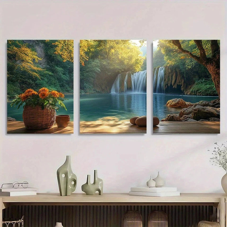 3pcs Vibrant Forest & Waterfall Scenery Metal Print Ready to Hang Art