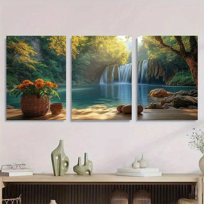 3pcs Vibrant Forest & Waterfall Scenery Metal Print Ready to Hang Art