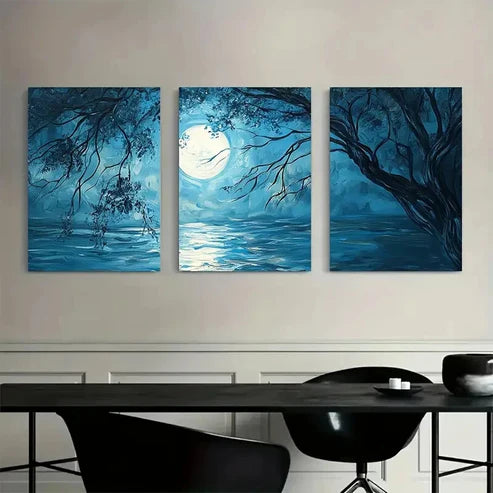 3pcs Blue Landscape with Full Moon & Trees Wall Art Set Canvas Unframed - High Quality Print 100% Australian Made Wall Canvas