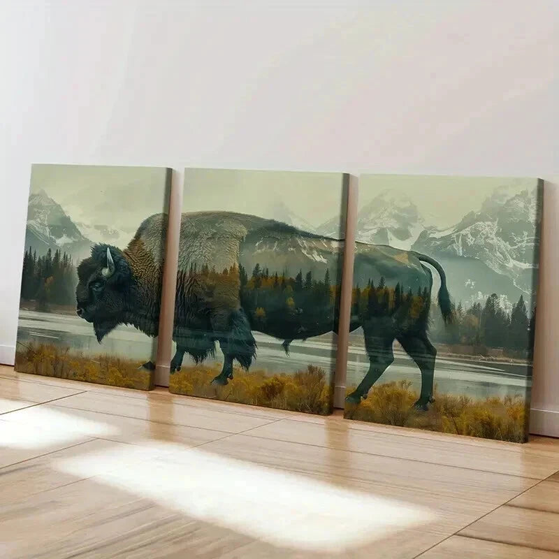 3pcs Buffalo Silhouette with Forest Landscape Wall Art Set Canvas Framed 40x60cm - High Quality Print 100% Australian Made Wall Canvas Ready to Hang
