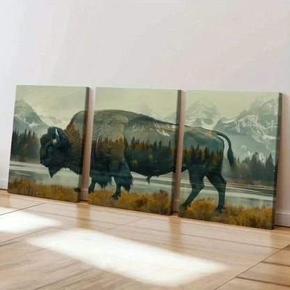 3pcs Buffalo Silhouette with Forest Landscape Wall Art Set Canvas Framed 40x60cm - High Quality Print 100% Australian Made Wall Canvas Ready to Hang