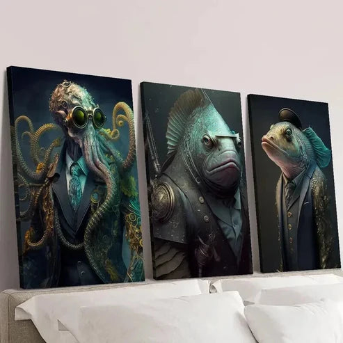 3pcs Steampunk Octopus & Fish Warrior Wall Art Canvas Unframed - High Quality Print 100% Australian Made Wall Canvas