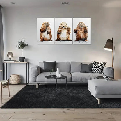 3pcs Adorable Otter Brushing Teeth Cute Animal Metal Print Ready to Hang Art