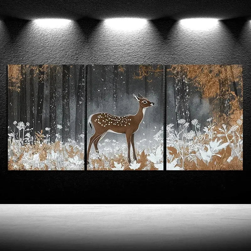 3pcs Beautiful Elk in The Forest Painting Metal Print Ready to Hang Art