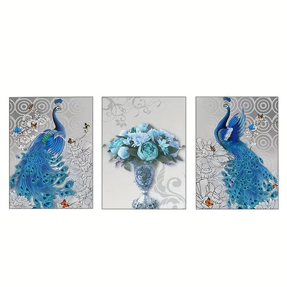 3pcs Blue Peacock Elegant Flower Bouquet Vase  Wall Art Set Canvas Framed 60x90cm - High Quality Print 100% Australian Made Wall Canvas Ready to Hang
