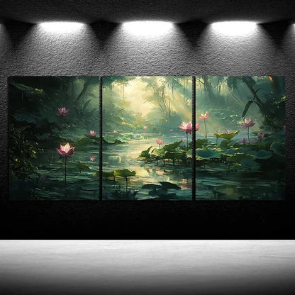 3pcs Lotus And Lotus Leaves in The Water Metal Print Ready to Hang Art