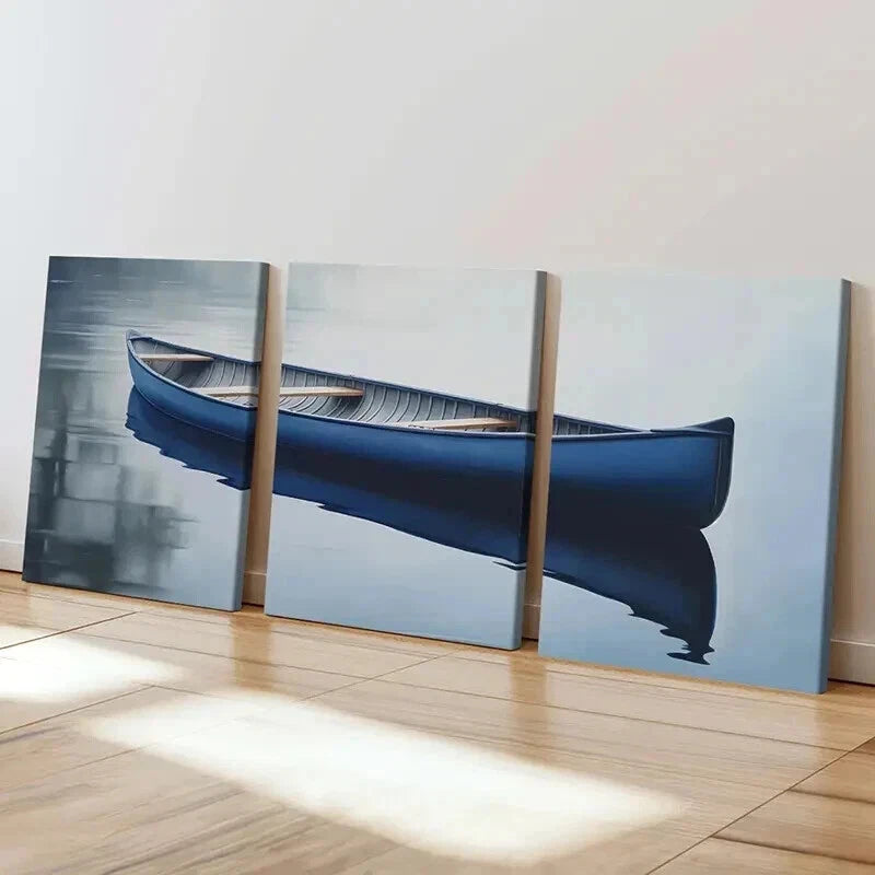 3pcs Serene Blue Canoe Reflections Wall Art Set Canvas Framed 40x60cm - High Quality Print 100% Australian Made Wall Canvas Ready to Hang