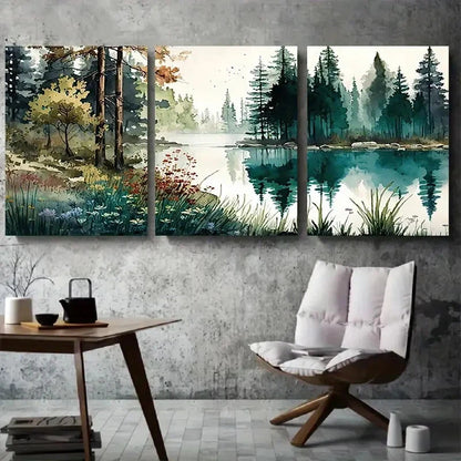 3pcs Tranquil Nature Scene with Pine Trees Metal Print Ready to Hang Art