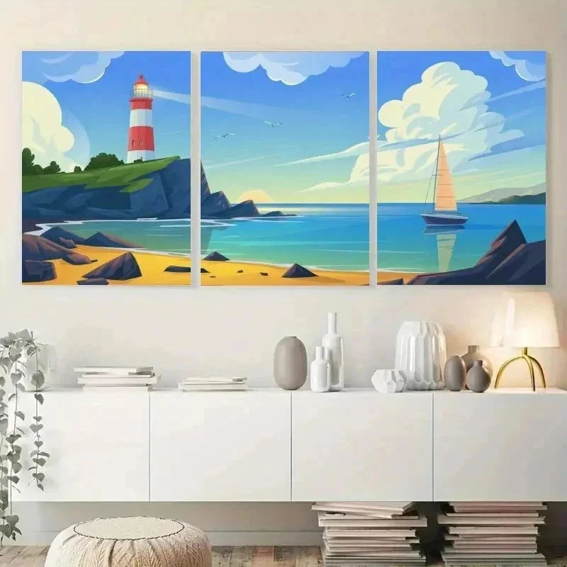 3pcs Lighthouse, Sailboat, Rocky Shore, Clouds Wall Art Set Canvas Framed 40x60cm - High Quality Print 100% Australian Made Wall Canvas Ready to Hang