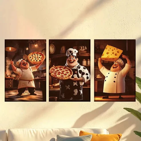 3pcs Happy Fat Chef with Cheese and Pizza Wall Art Canvas Unframed - High Quality Print 100% Australian Made Wall Canvas