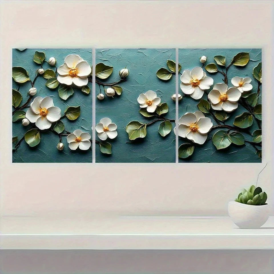 3pcs White Floral Painting Green Leaves Botanical Metal Print Ready to Hang Art
