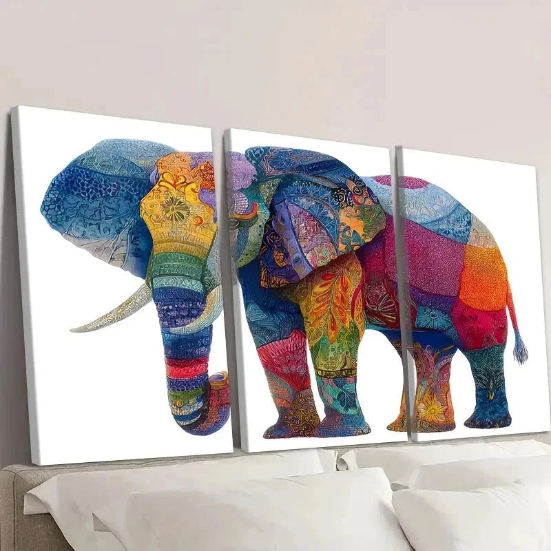 3pcs Vibrant Elephant Abstract Wall Art Set Canvas Framed 60x90cm - High Quality Print 100% Australian Made Wall Canvas Ready to Hang