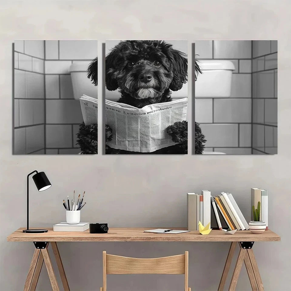 3pcs Whimsical Bernedoodle Dog Reading Newspaper Metal Print Ready to Hang Art