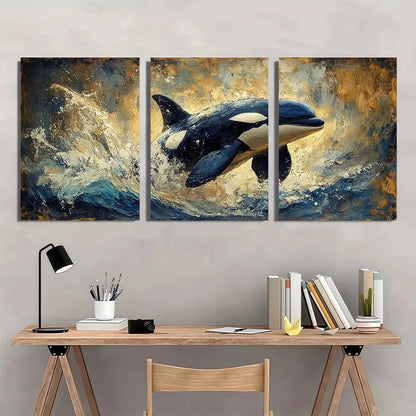 3pcs Orca Whale Splash Vibrant Oceanic Animal Metal Print Ready to Hang Art