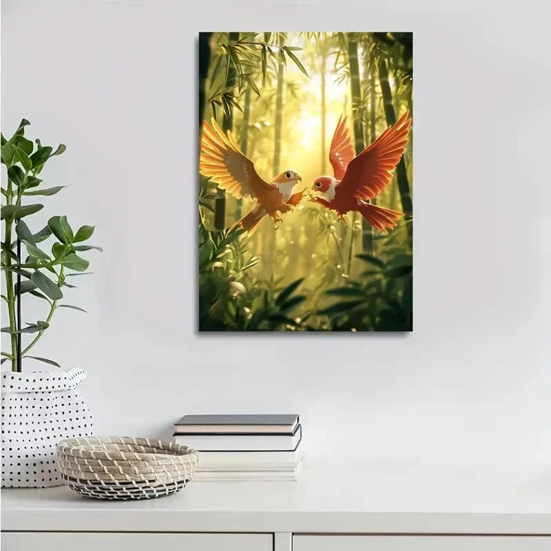 Cartoon Hawk Wrestling Scene in Bamboo Painting 40x60cm Metal Print Ready to Hang