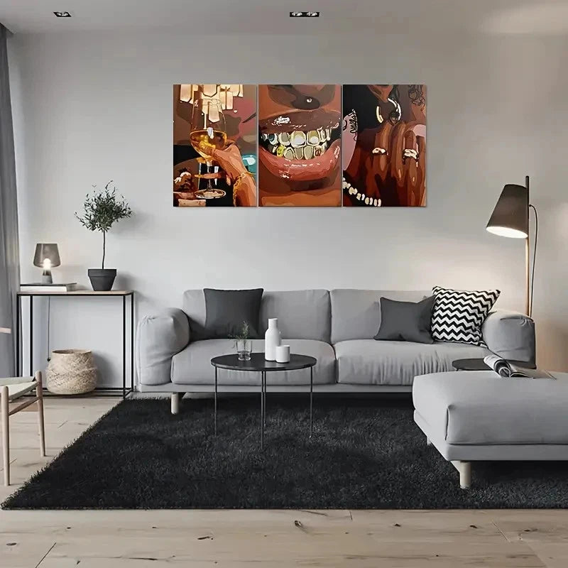 3pcs Teeth and Champagne Glass Metal Print Ready to Hang Art