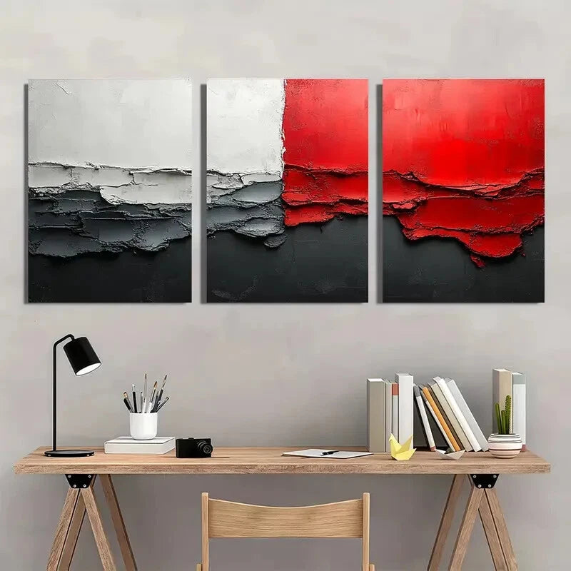 3pcs Painting Gray Abstract Painting Red Textured Metal Print Ready to Hang Art
