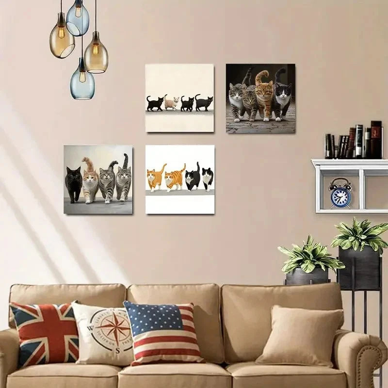 4pcs Four Cats Are Walking Down Wall Art Canvas Framed