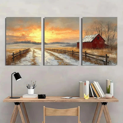 3pcs Rustic Farmhouse Snowy Countryside Scene Metal Print Ready to Hang Art