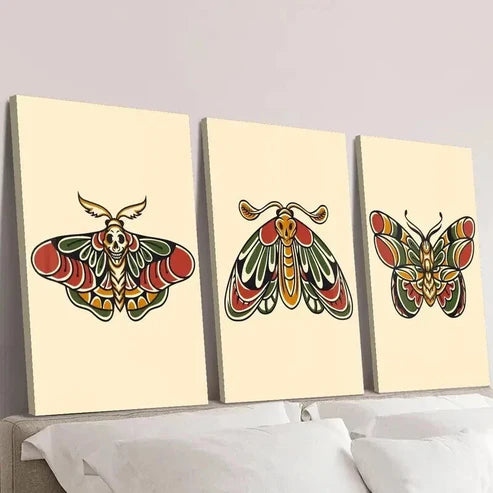 3pcs Retro Colorful Death Head Moth Skull Wall Art Canvas Unframed – High Quality Print 100% Australian Made Wall Canvas