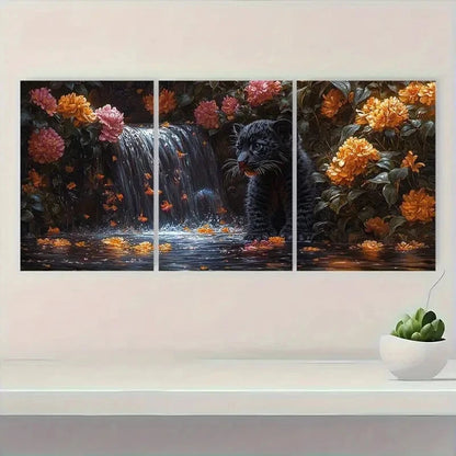 3pcs Black Panther Cub Waterfall & Floral Metal Print Ready to Hang Art