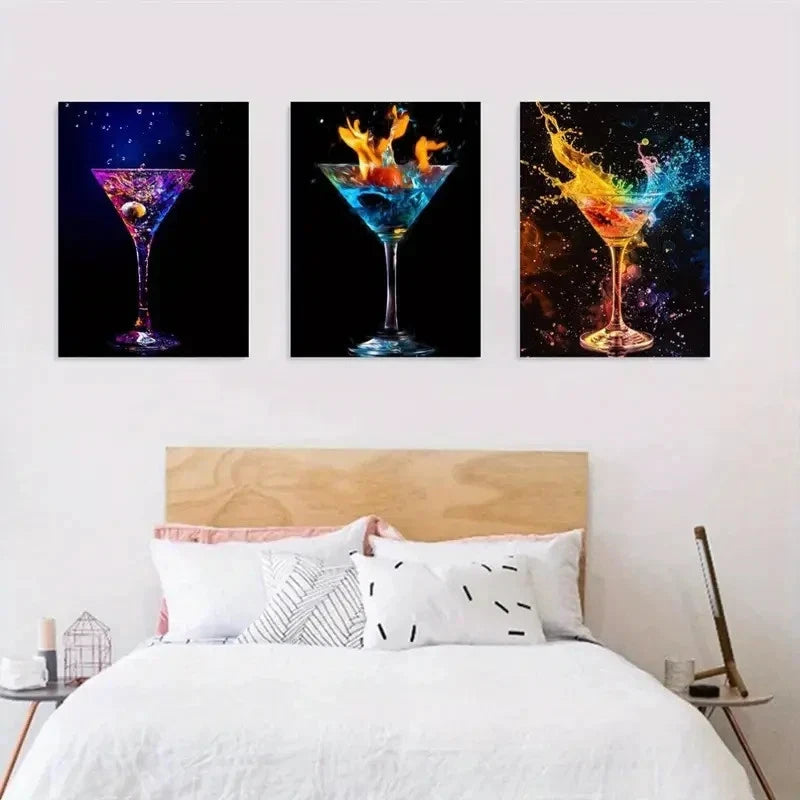 3pcs Abstract Flaming Martini Glass Metal Print Ready to Hang Art