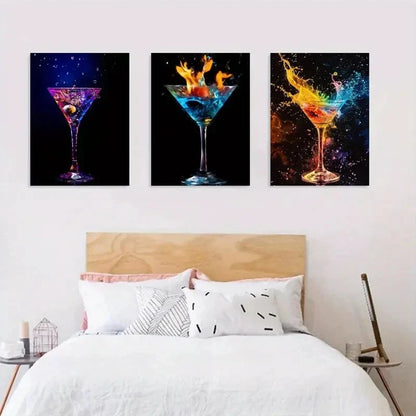 3pcs Abstract Flaming Martini Glass Metal Print Ready to Hang Art
