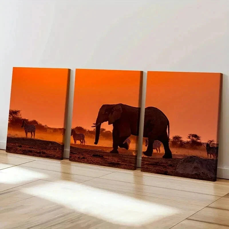 3pcs African Elephant in a Grassland at Sunset Wall Art Set Canvas Framed 40x60cm - High Quality Print 100% Australian Made Wall Canvas Ready to Hang