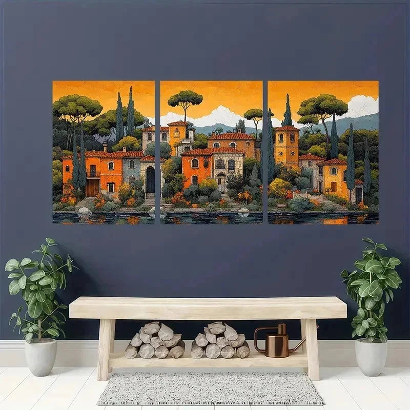 3pcs Whimsical Italian Landscape Pastel Perfect Wall Art Set Canvas Framed 40x60cm - High Quality Print 100% Australian Made Wall Canvas Ready to Hang