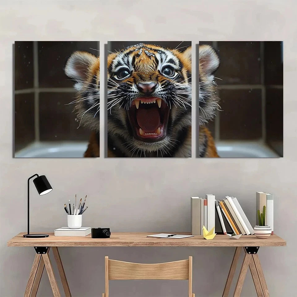 3pcs Funny Tiger Brushing Teeth Metal Print Ready to Hang Art