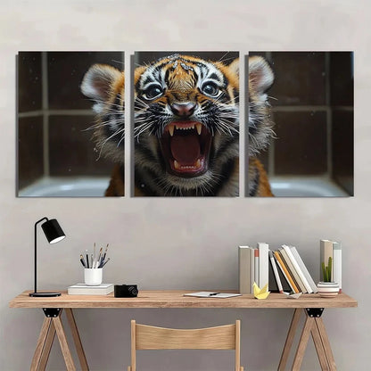 3pcs Funny Tiger Brushing Teeth Metal Print Ready to Hang Art
