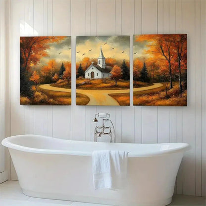 3pcs Autumn Church Landscape Rustic Perfect Wall Art Set Canvas Framed 40x60cm - High Quality Print 100% Australian Made Wall Canvas Ready to Hang