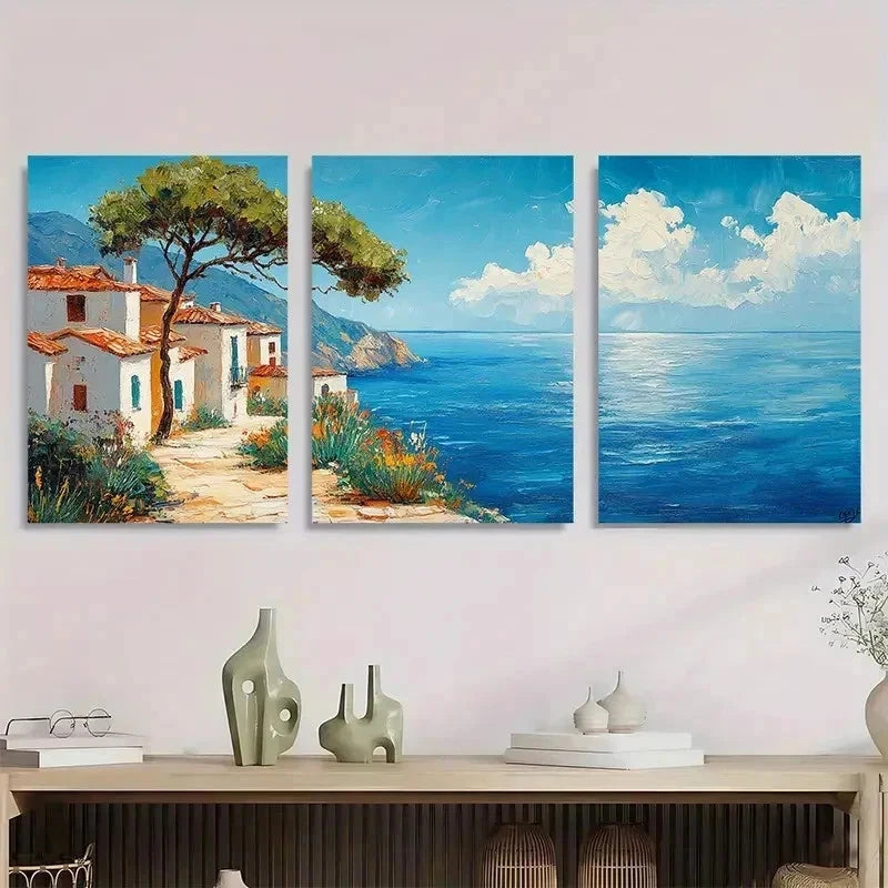 3pcs Abstract Coastal Landscape Blue Perfect Wall Art Set Canvas Framed 40x60cm - High Quality Print 100% Australian Made Wall Canvas Ready to Hang