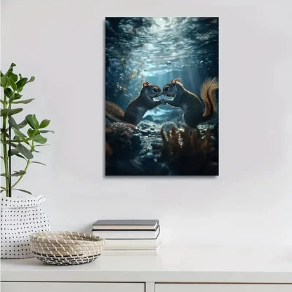 Realistic Squirrel Wrestling Scene Underwater Painting 40x60cm Metal Print Ready to Hang
