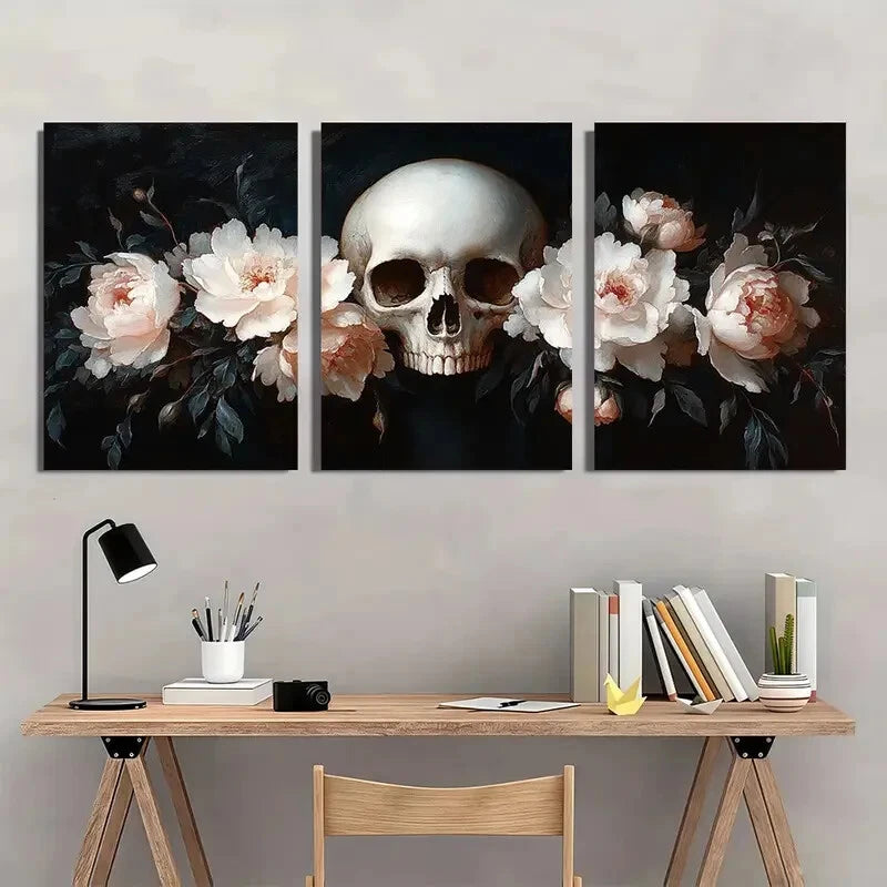 3pcs Gothic Skull and Bouquet Metal Print Ready to Hang Art