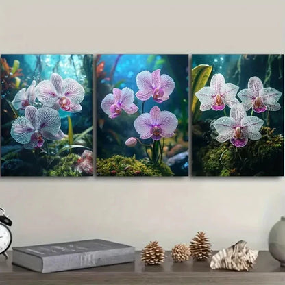 3pcs Purple striped orchids grow on moss Wall Art Set Canvas Unframed - High Quality Print 100% Australian Made Wall Canvas