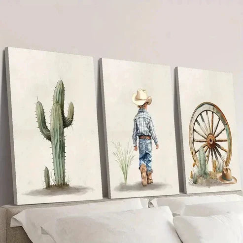 3pcs Green Cactus Cowboy Boy Desert Theme   Art Set Canvas Unframed - High Quality Print 100% Australian Made Wall Canvas