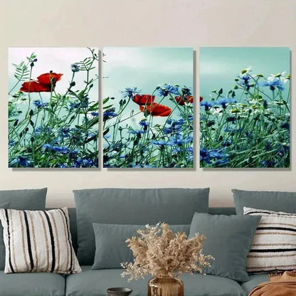 3pcs Beautiful Red Poppy and Blue Flower Wall Art Set Canvas Unframed - High Quality Print 100% Australian Made Wall Canvas