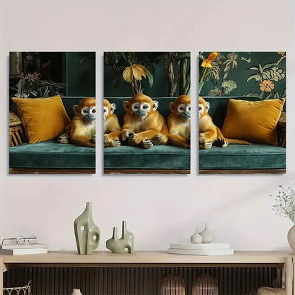 3pcs Vintage Golden Jungle Monkeys Metal Print Ready to Hang Art