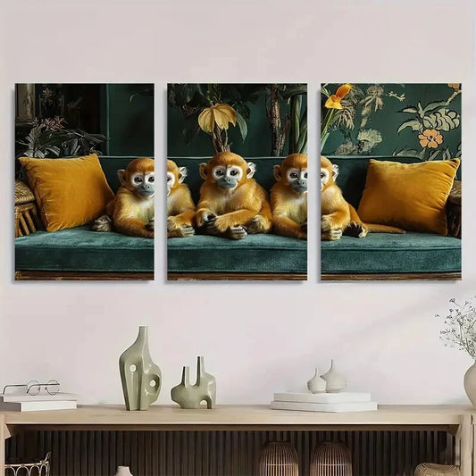 3pcs Vintage Golden Jungle Monkeys Metal Print Ready to Hang Art