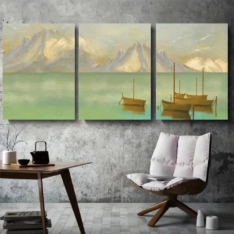 3pcs Serene Boat Mountain and Water Reflection Metal Print Ready to Hang Art