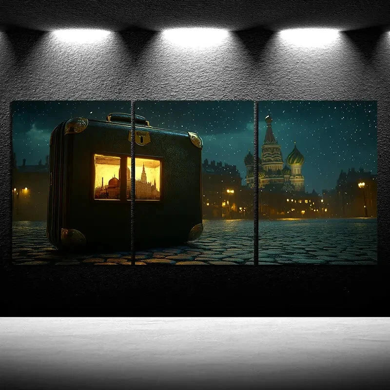 3pcs Luggage on Street Night Scene Metal Print Ready to Hang Art