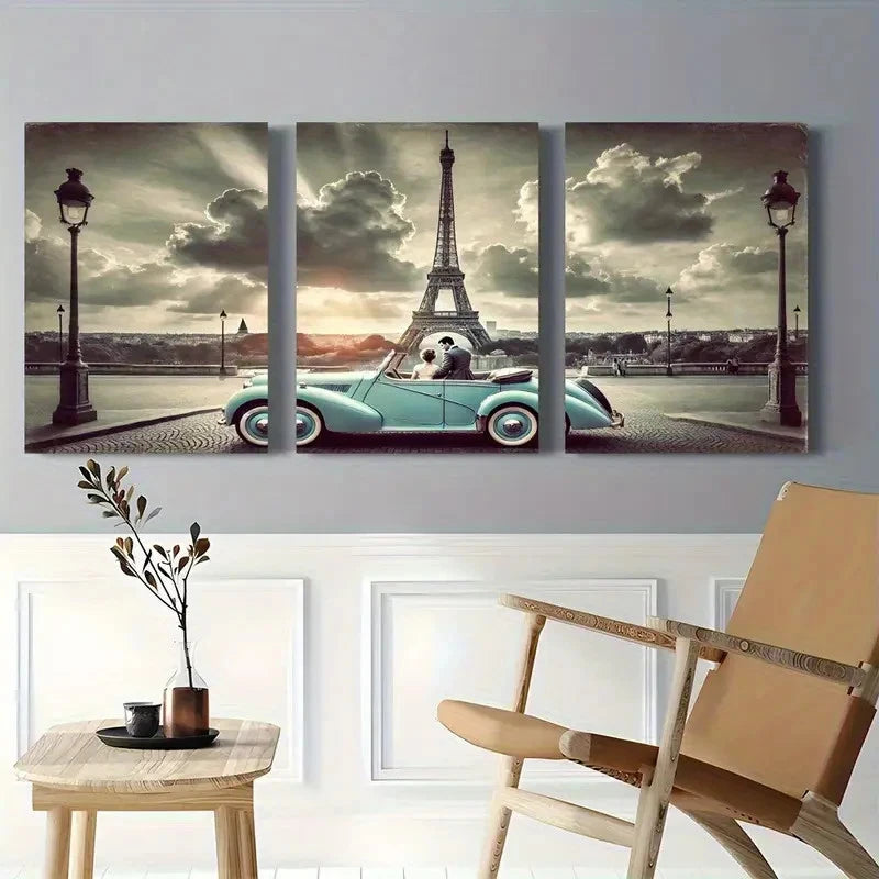 3pcs Eiffel Tower Vintage Car  Wall Art Set Canvas Framed 40x60cm - High Quality Print 100% Australian Made Wall Canvas Ready to Hang