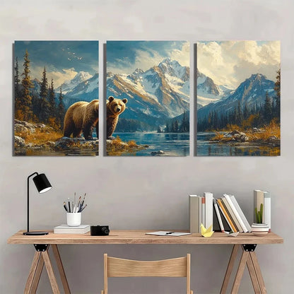 3pcs Forest & Bear Mountains Lush Trees Nature Metal Print Ready to Hang Art