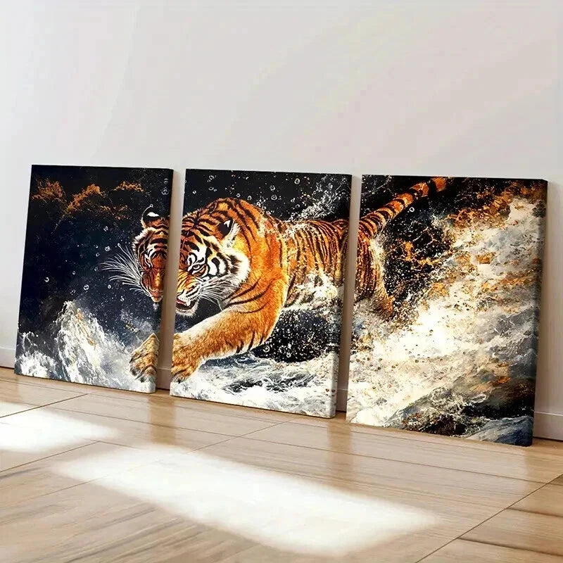 3pcs Tiger Bursting Through Water Wall Art Set Canvas Framed 40x60cm - High Quality Print 100% Australian Made Wall Canvas Ready to Hang