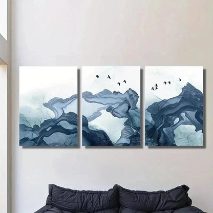 3pcs Soft Blue Smoke Waves and Birds Wall Art Set Canvas Framed 40x60cm - High Quality Print 100% Australian Made Wall Canvas Ready to Hang