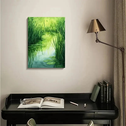 Green Water Grass Meadow Painting 40x60cm Metal Print Ready to Hang