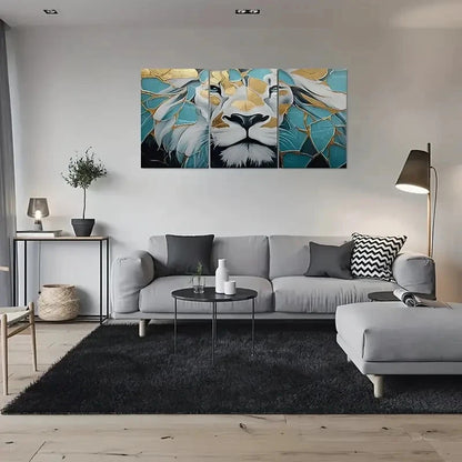 3pcs Modern Abstract Lion Golden & Teal Geometric Metal Print Ready to Hang Art